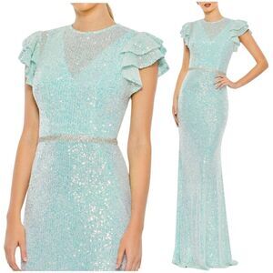 Mac Duggal 0 Dress Sequined High Neck Flutter Sleeve Gown Mermaid Illusion 26942